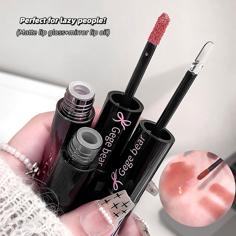 Two lip gloss products with a hand holding them, labeled 'Geege bear'.