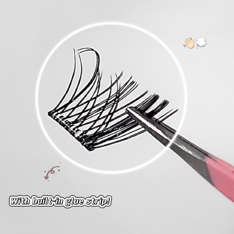 Eyelash extension with built-in glue strip and tweezers on a light gray background