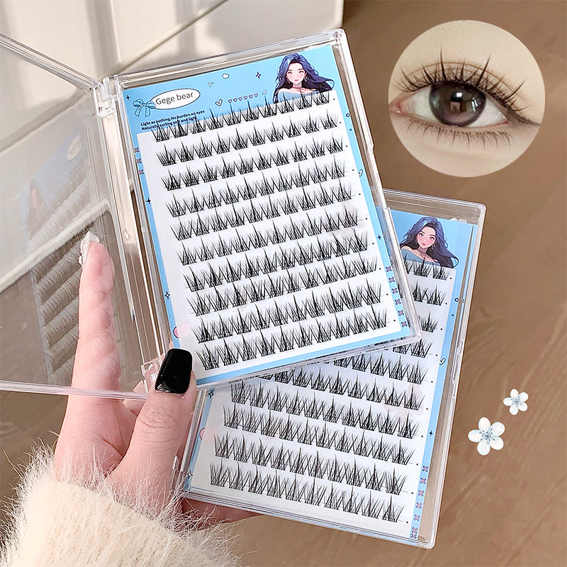 Set of false eyelashes in a clear case held by a hand, with an inset showing an eye wearing the lashes.