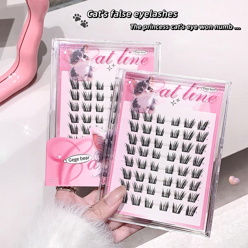 Cat-themed false eyelashes packaging with pink and white design on a white surface.