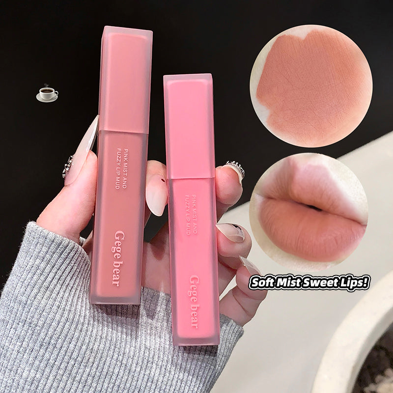 Two pink lip glosses held by a hand, with close-up shots of the gloss and lips.