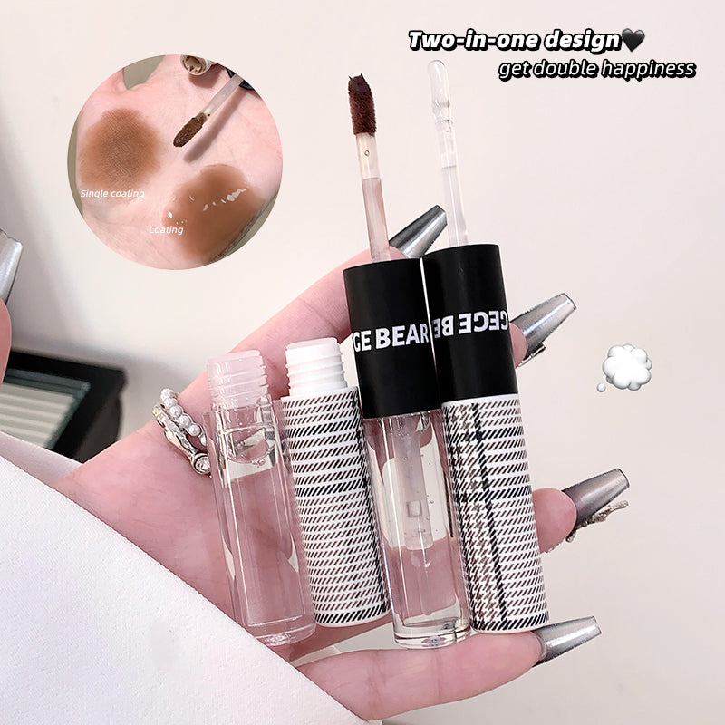 Two makeup products with a two-in-one design feature, held by a hand.