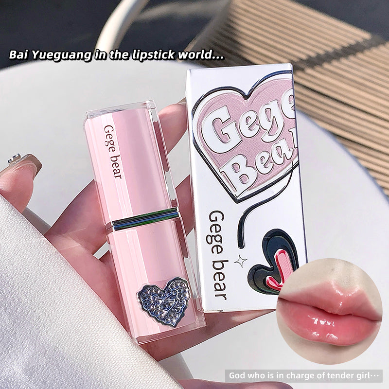 Pink lipstick with 'Gege bear' branding and packaging on a white surface.