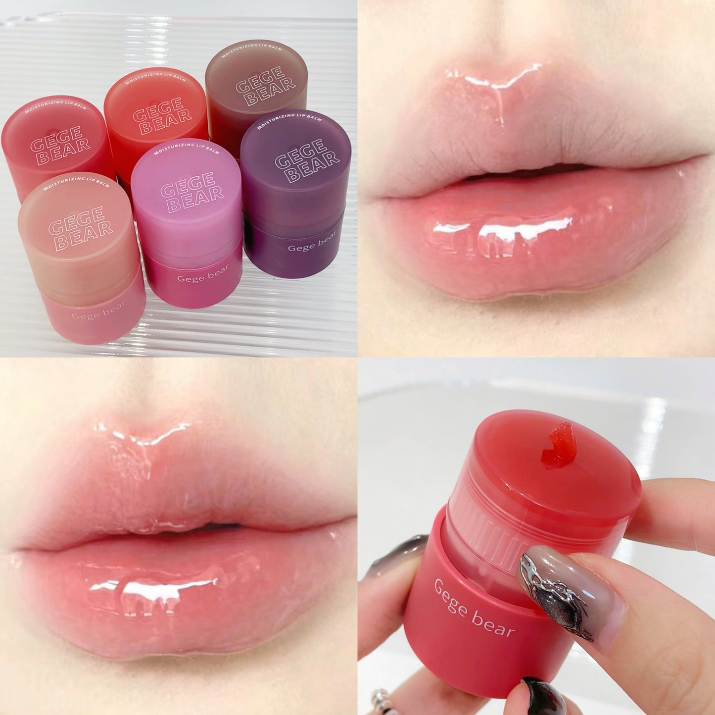 Collage of Gege Bear lip balms in various colors with close-ups of lips using them.