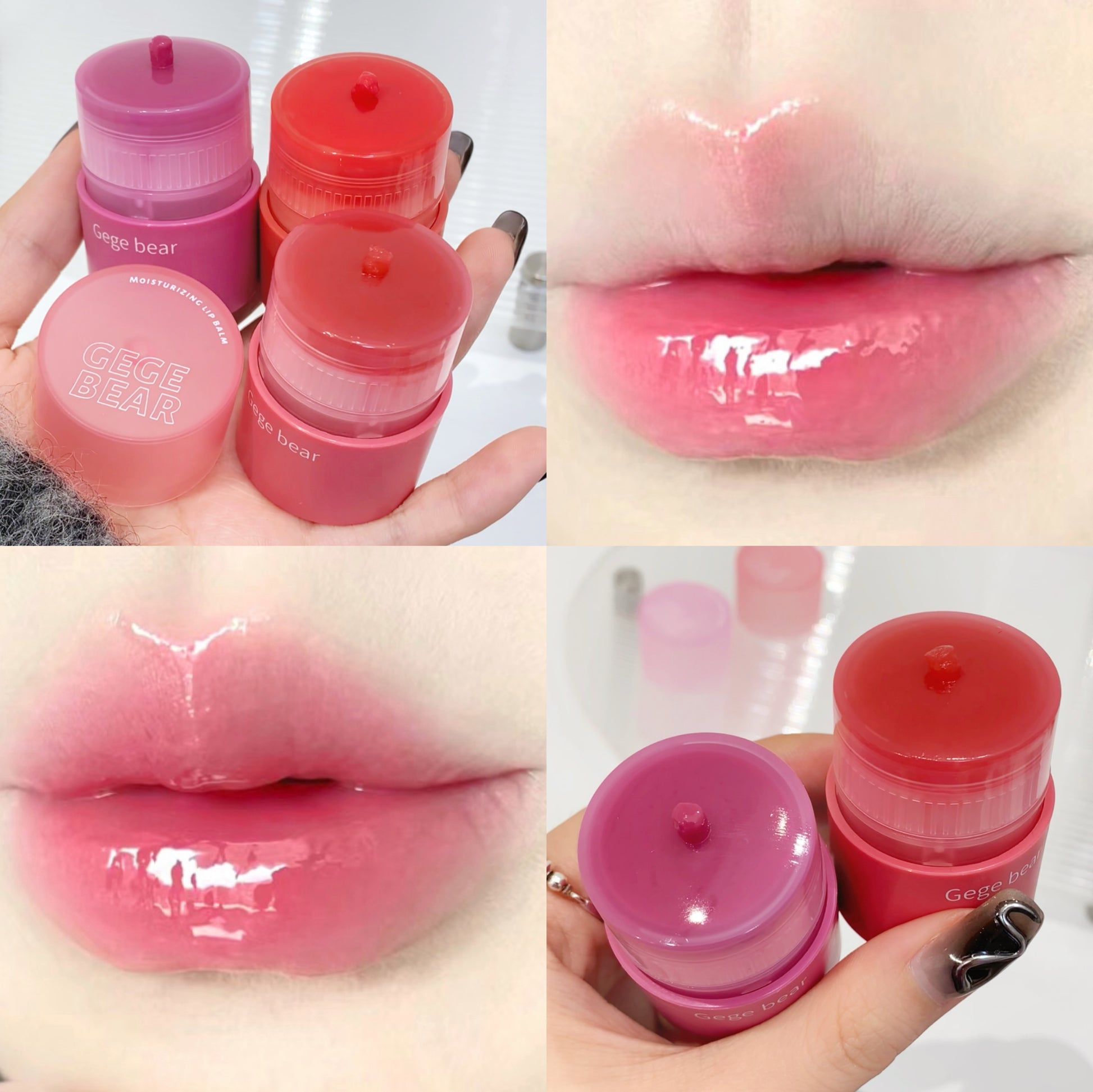 Collage of pink lip balm containers and close-ups of lips with a glossy finish.