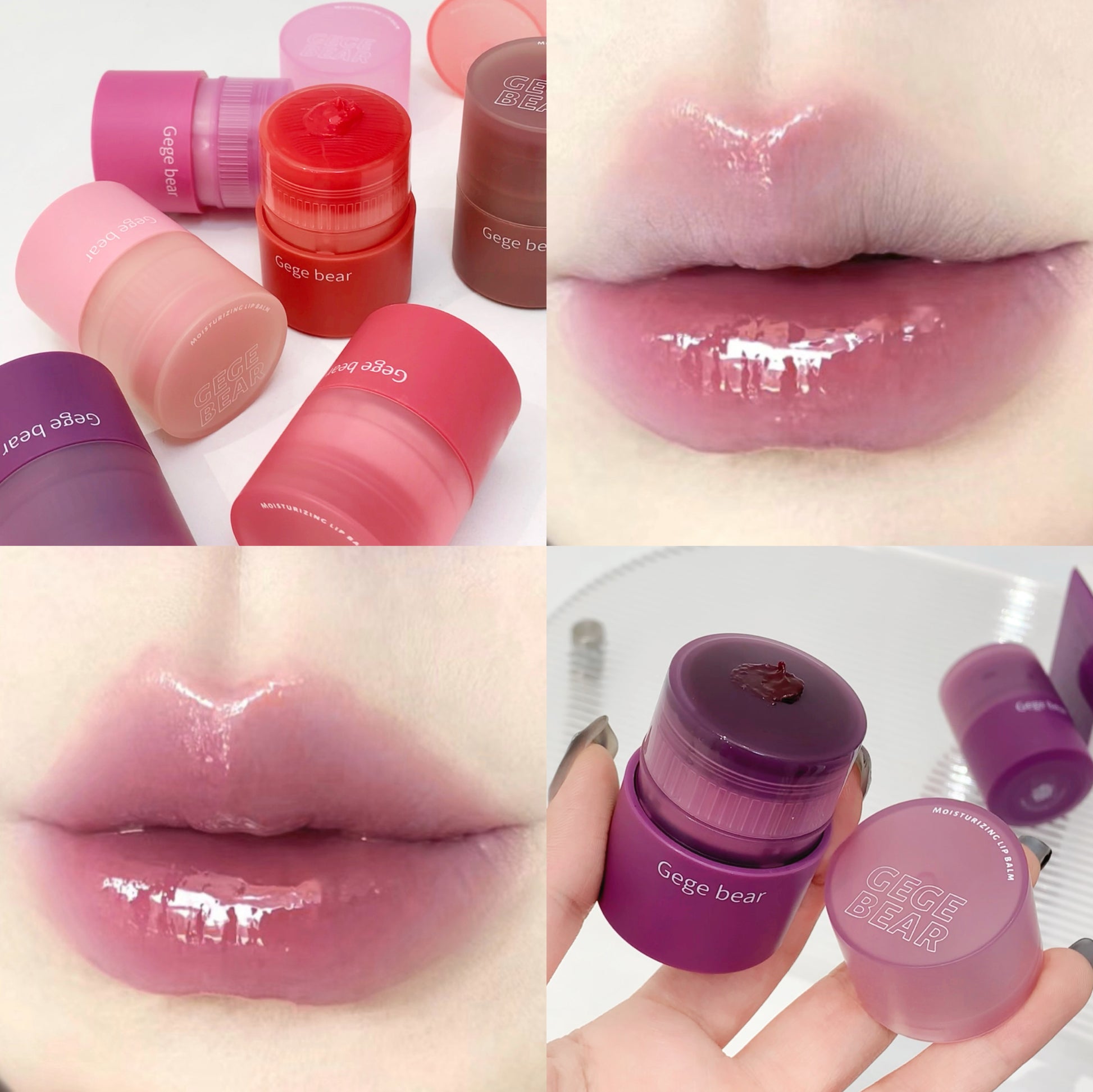 Collage of lip balm containers and lips with 'Gegebear' branding.
