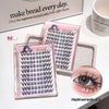 False eyelashes in packaging with a close-up of an eye wearing them, on a surface with a coffee cup and text in the background.