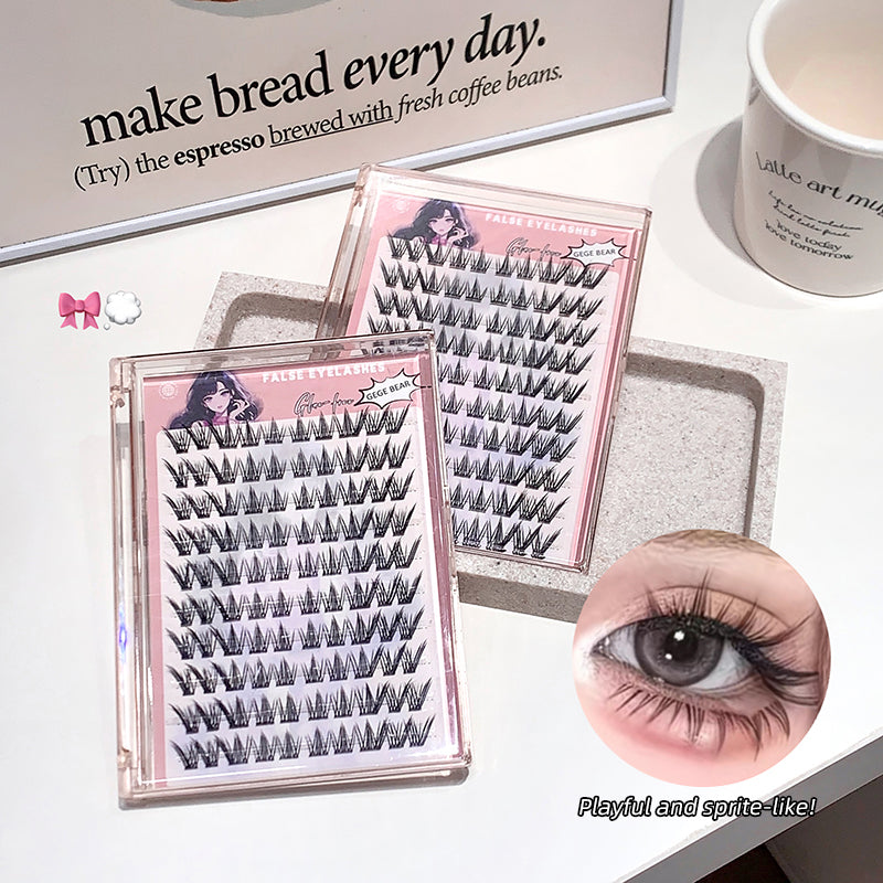 False eyelashes in packaging with a close-up of an eye wearing them, on a surface with a coffee cup and text in the background.