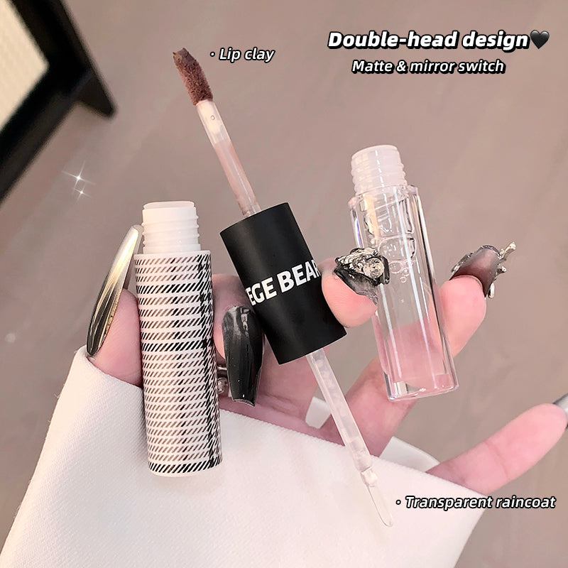 Lip clay with double-head design featuring matte and mirror switch, held by a hand.