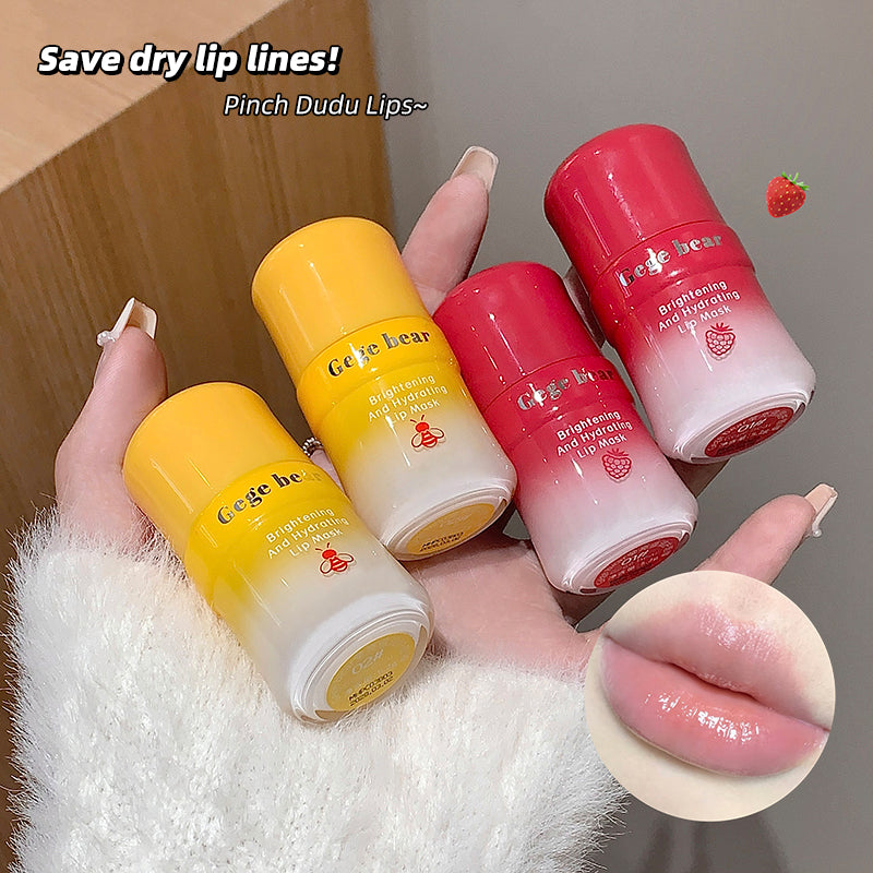 Three lip balm tubes in yellow, red, and pink held by a hand with a close-up of glossy lips.