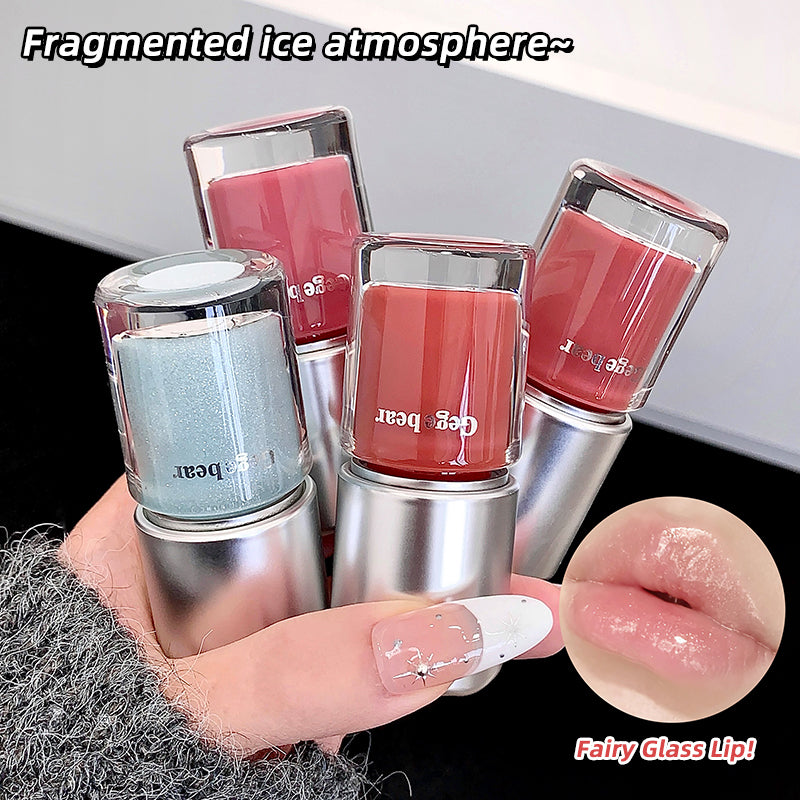 Set of lip glosses with a close-up of lips wearing the product, labeled 'Fairy Glass Lip'.