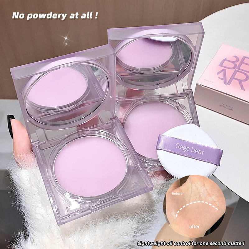 Pink makeup compact with 'Gegebear' branding, showing before and after effect on skin.