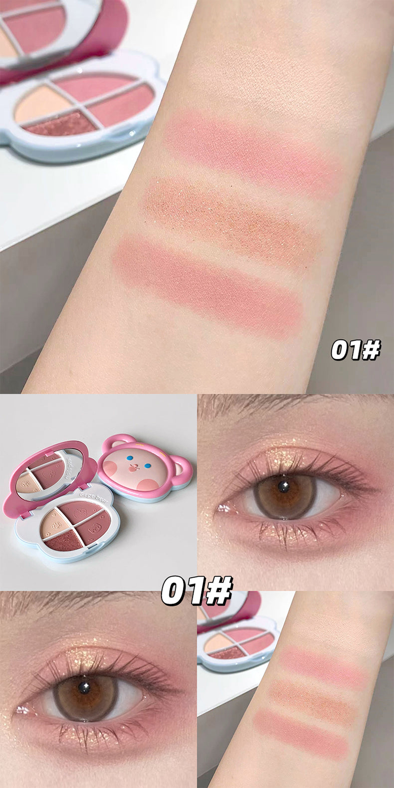 Makeup swatches and application on eyes with a blush palette.