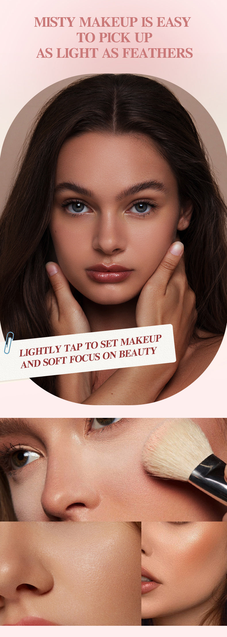 Makeup advertisement with a woman applying makeup and text about misty makeup.