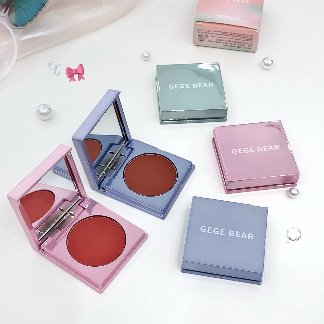 Makeup products with 'GEGE BEAR' branding on a white background