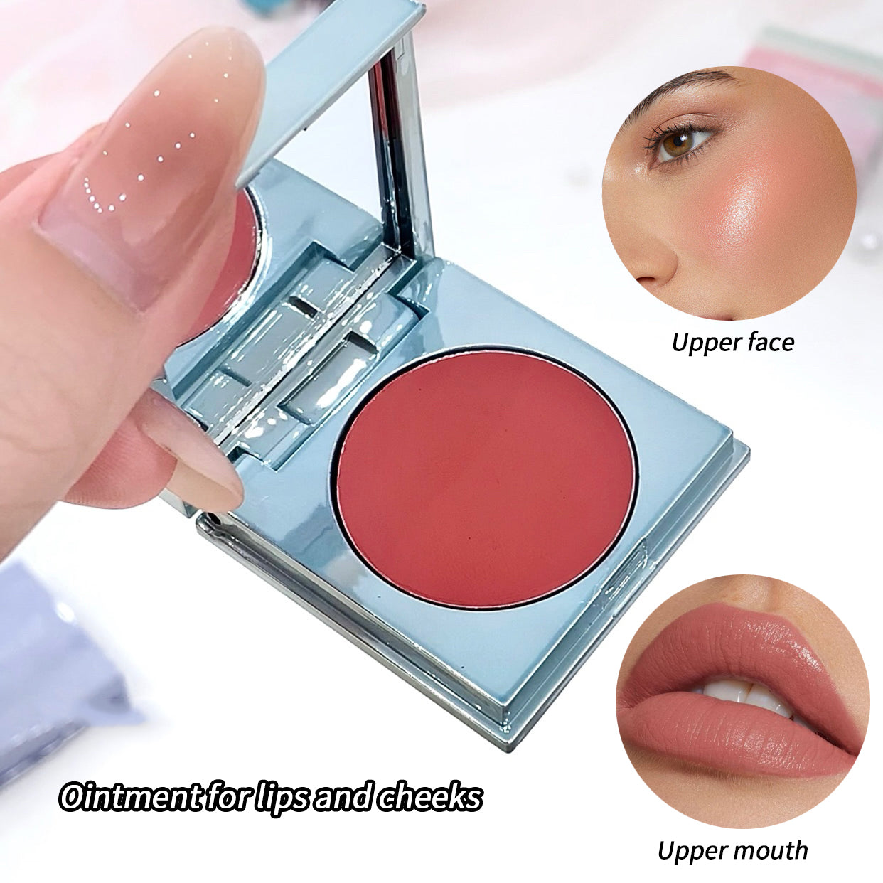 Compact blush with a mirror, held by a hand, with close-up shots of application on face and lips.