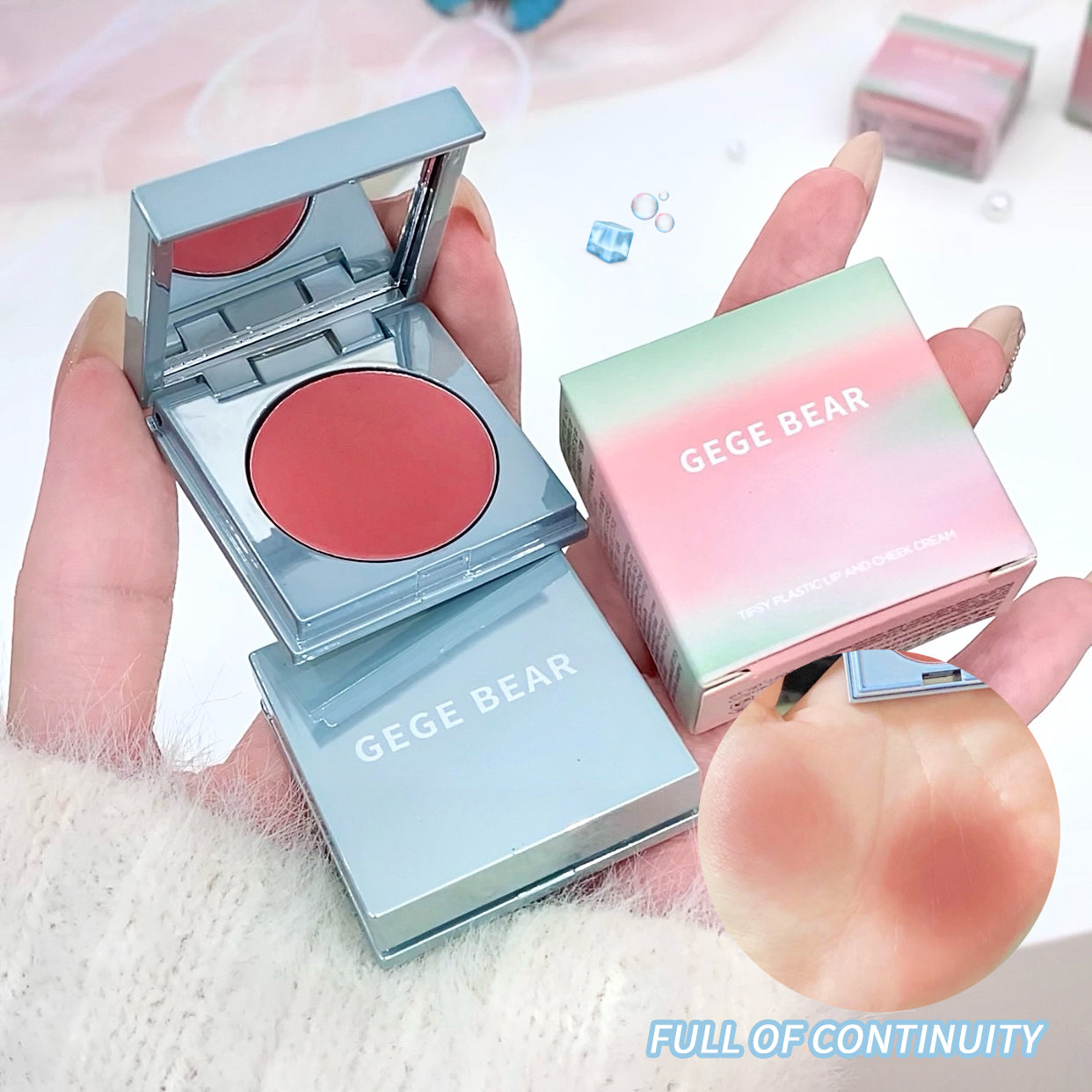 GEGE BEAR blush compact held by a hand with visible blush application on skin.