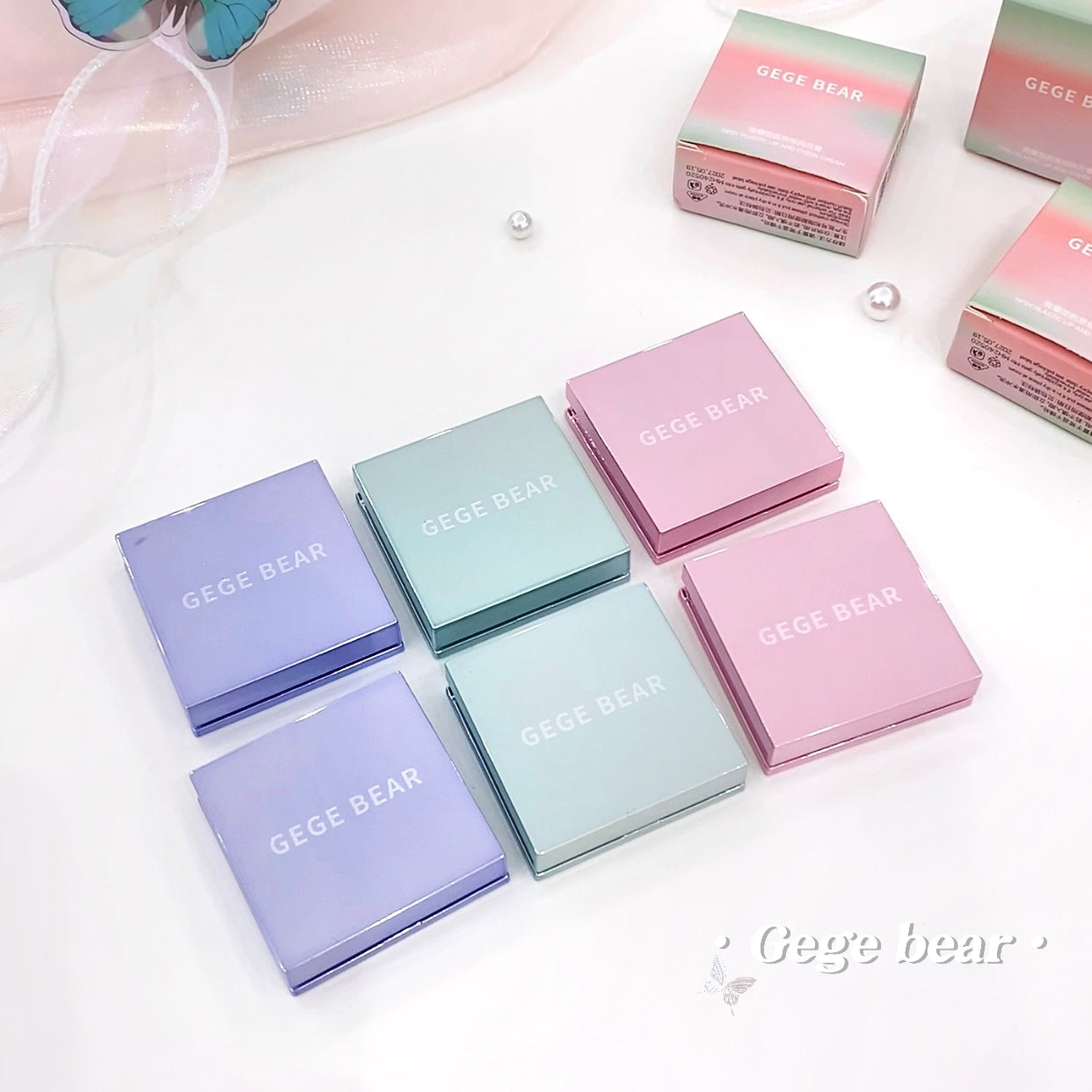 Pastel-colored GEGE BEAR product boxes on a white background