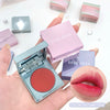 Compact blush with 'GEGE BEAR' branding, open blush, and close-up of pink lips.