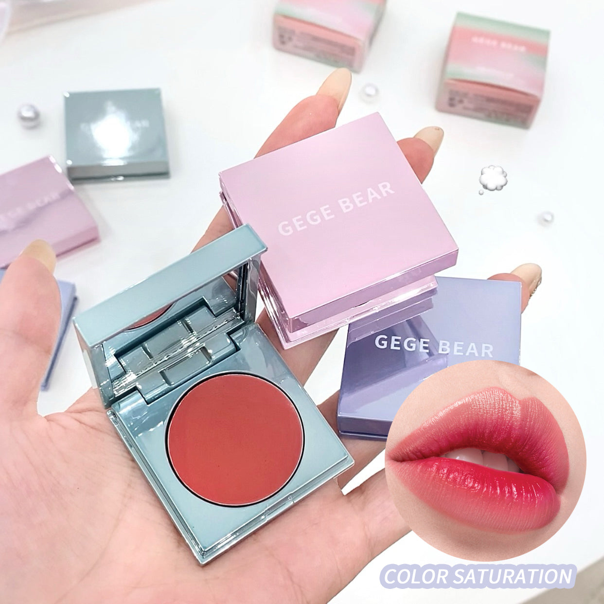 Compact blush with 'GEGE BEAR' branding, open blush, and close-up of pink lips.