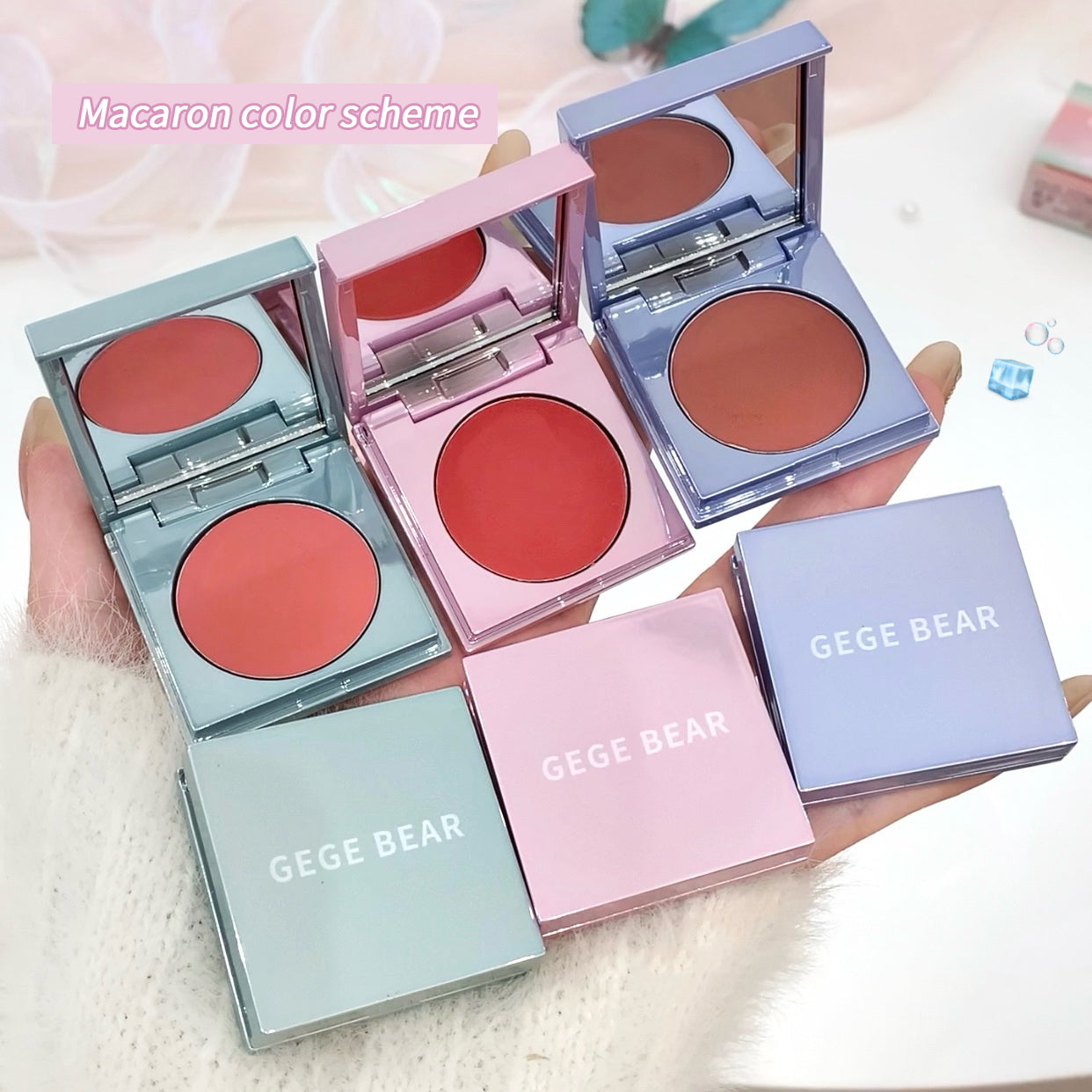 Makeup products with 'GEGE BEAR' branding in pastel colors.