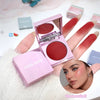 Pink blush compact with mirror and 'GEGE BEAR' branding, displayed on a hand with a blurred inset of a woman's face.