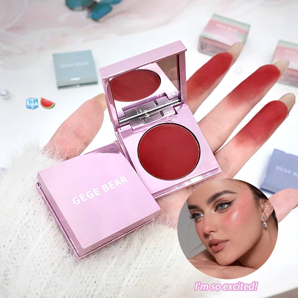 Pink blush compact with mirror and 'GEGE BEAR' branding, displayed on a hand with a blurred inset of a woman's face.