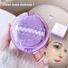 Purple compact powder with 'Gege bear' branding held by a hand, with a blurred background.