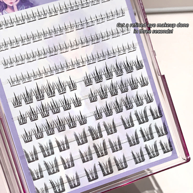 Set of false eyelashes on a display tray with text overlay.