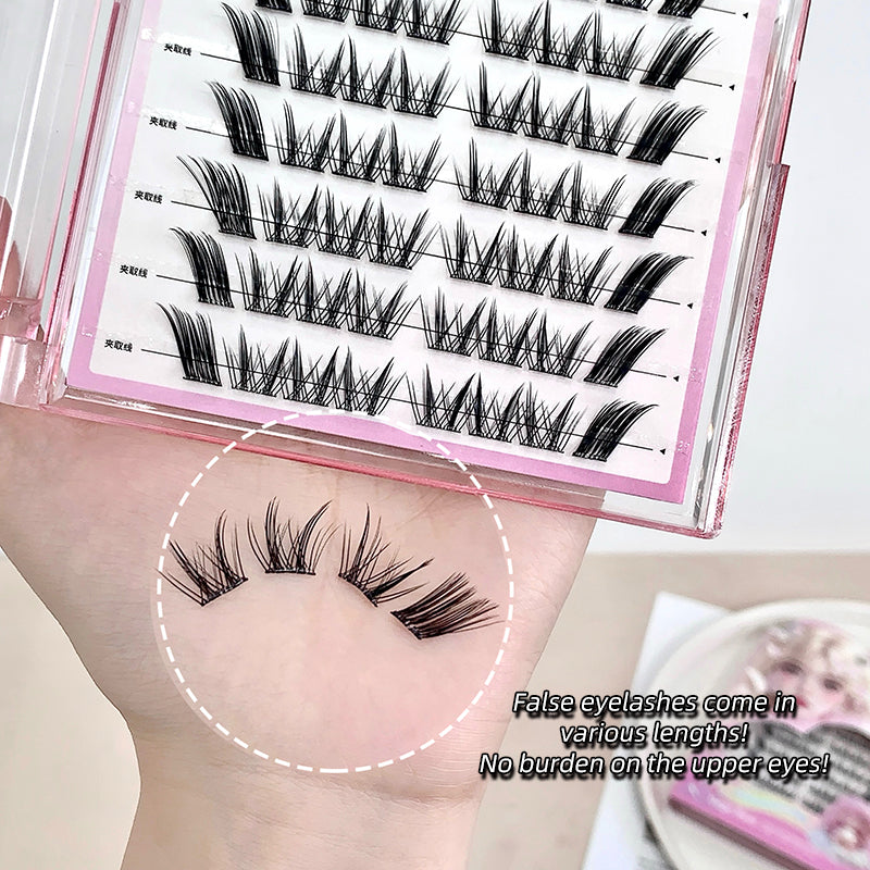 Set of false eyelashes with a pink case on a hand, showing an application example.