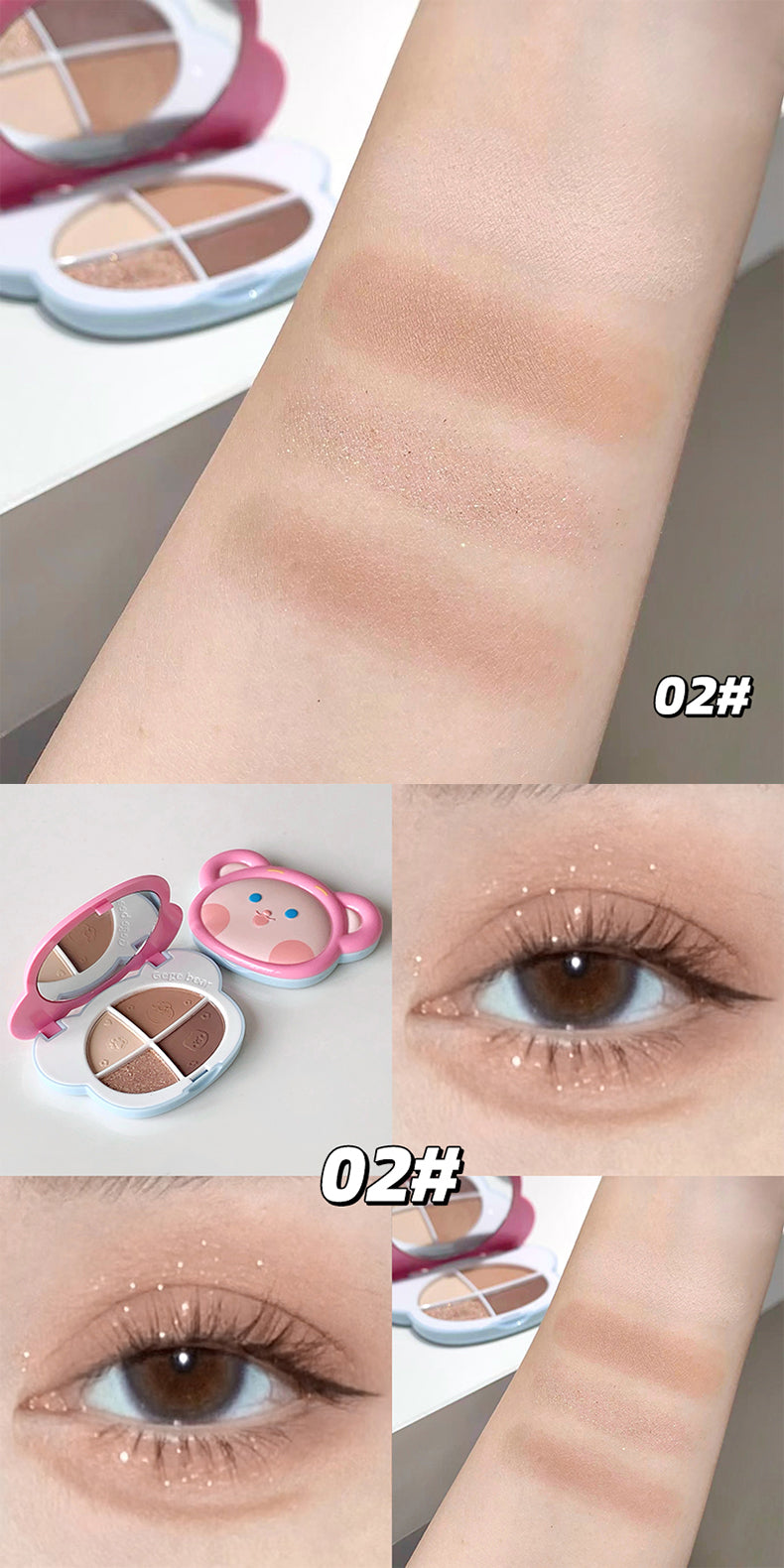 Makeup product swatch on arm with close-up of eye wearing the product, labeled '02#'.