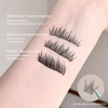 False eyelashes on a person's arm with product series and features listed.
