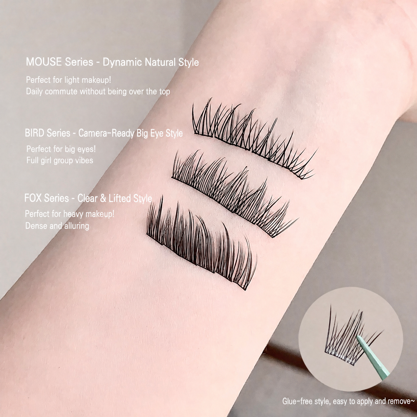 False eyelashes on a person's arm with product series and features listed.