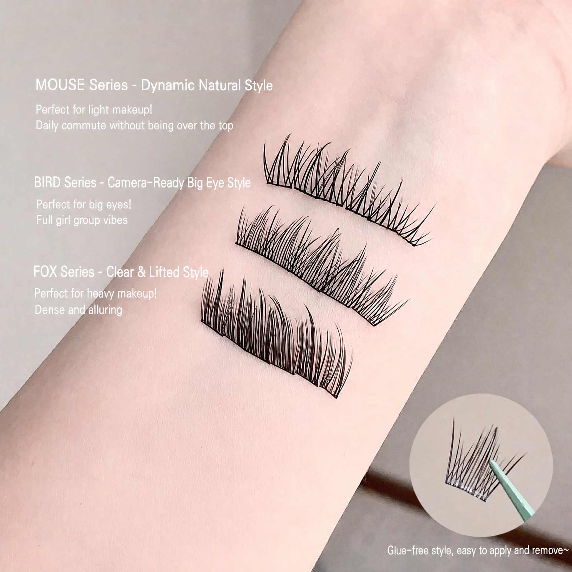 False eyelashes on a person's arm with product series and features listed.