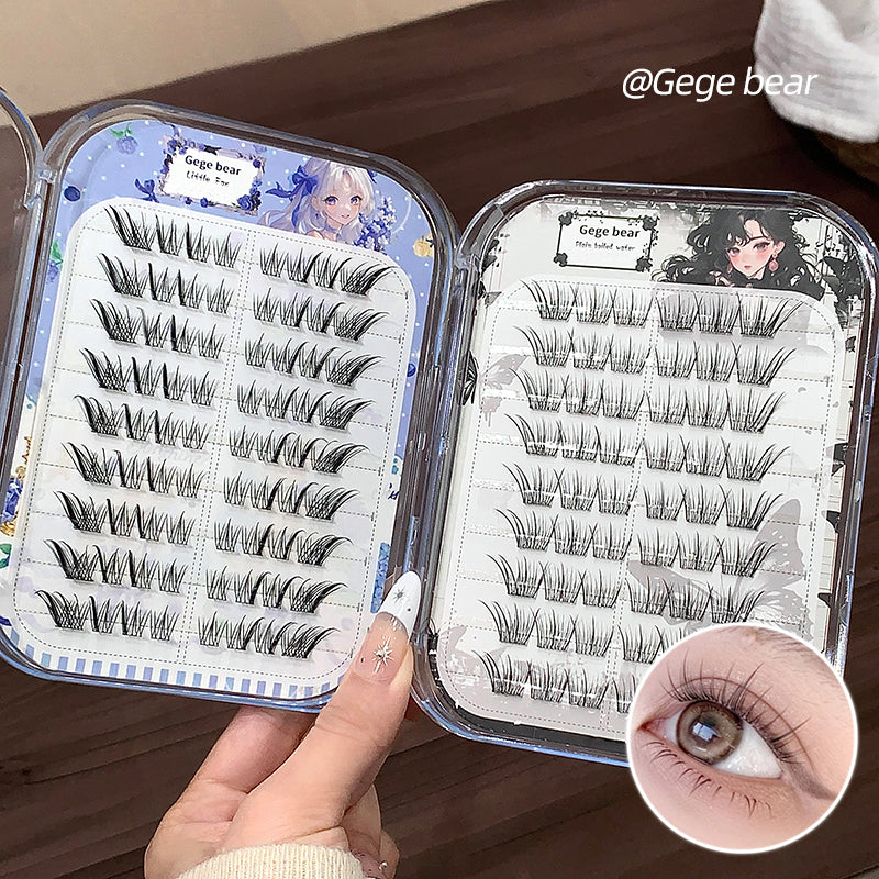 Set of false eyelashes in a case with a hand holding it, showing an inset of an eye with lashes applied.