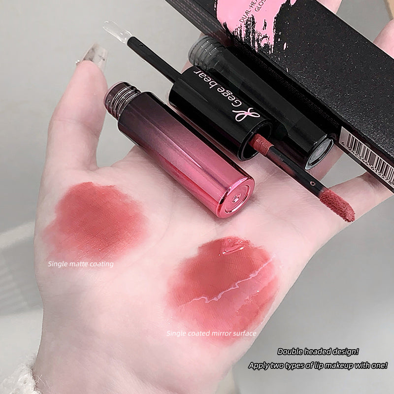 Lipstick with applicator and swatches on a hand