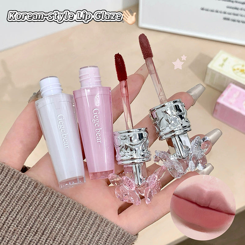 Hand holding three lip glosses with a close-up of a lip, labeled 'Korean-Style Lip Glaze'.
