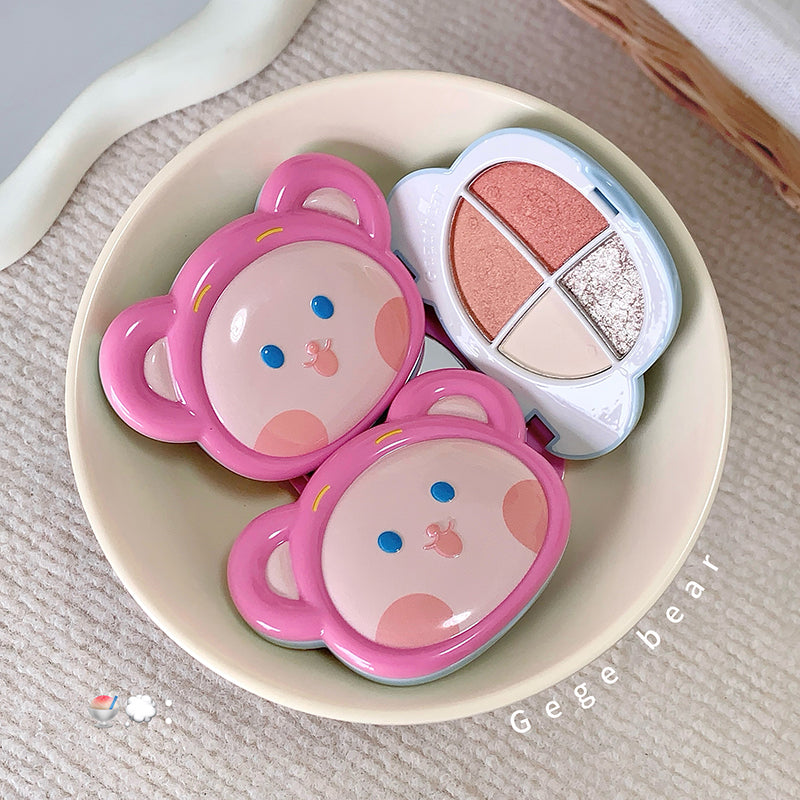 Makeup set with cartoon bear design on a beige plate