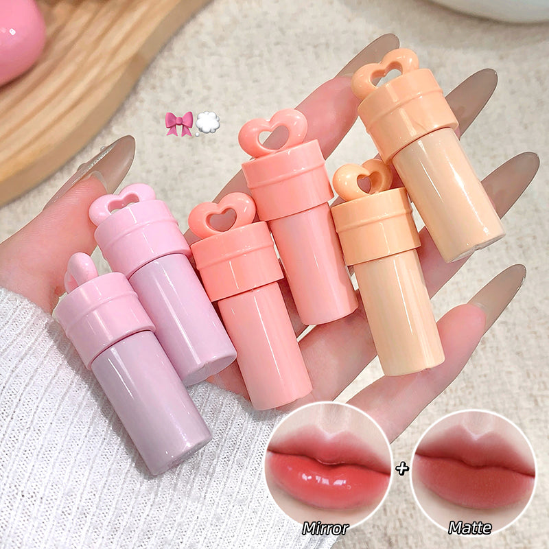 Set of pink and beige lip balm containers with close-up shots of mirror and matte finishes.
