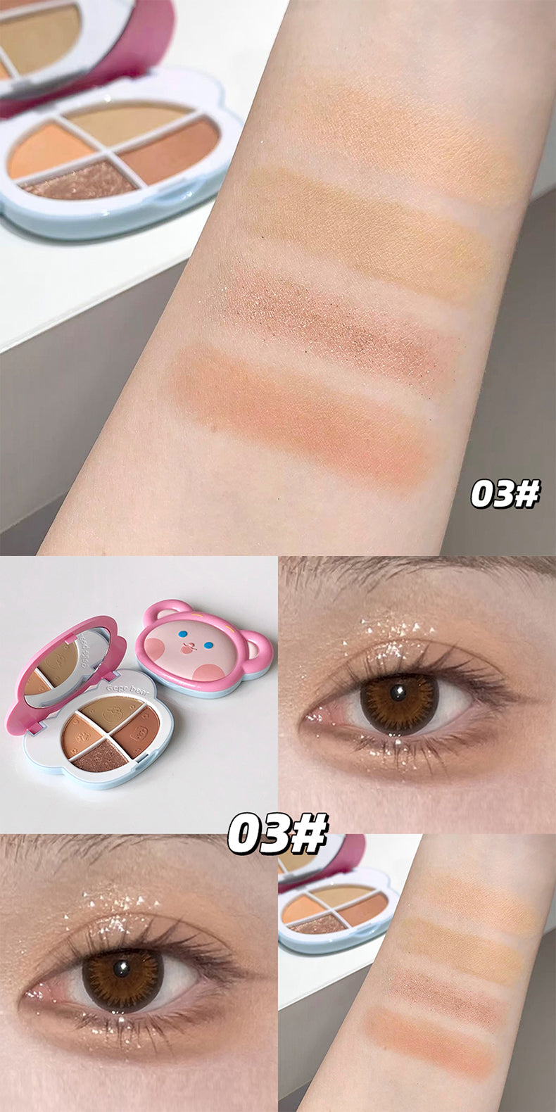 Makeup swatches on arm and close-up of eye with cosmetic product