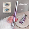 Mascara with 'GEGE BEAR' branding held by a hand, with an inset showing an eye before and after using the mascara.