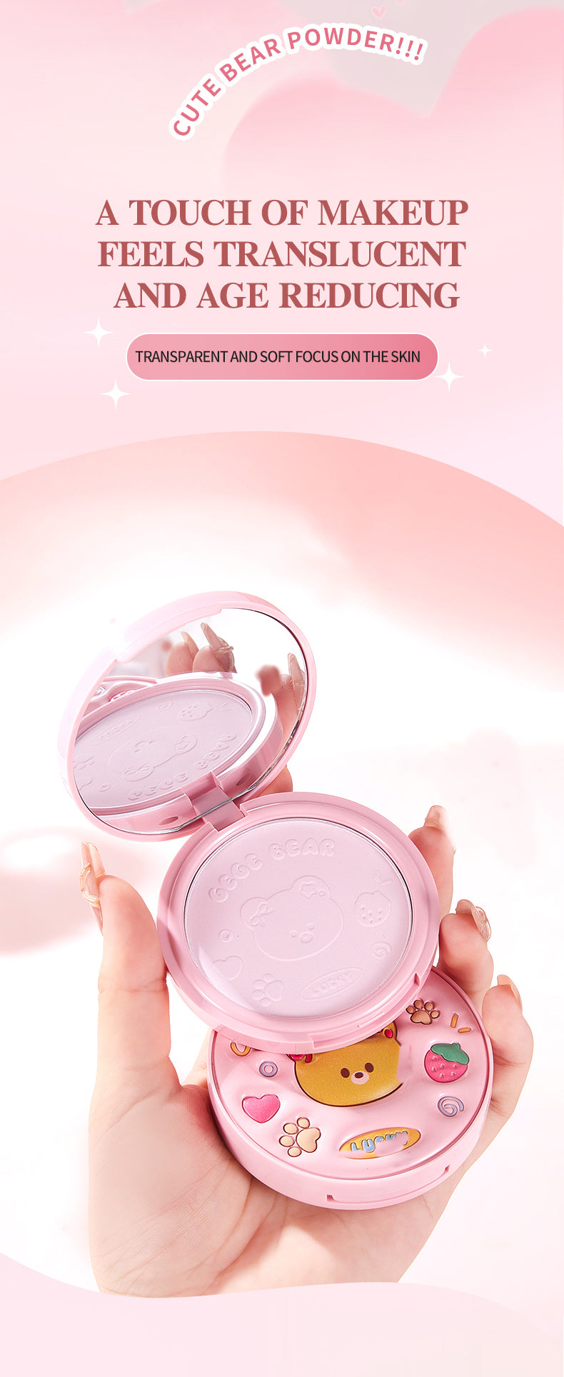 Pink makeup compact held by a hand with a soft pink background