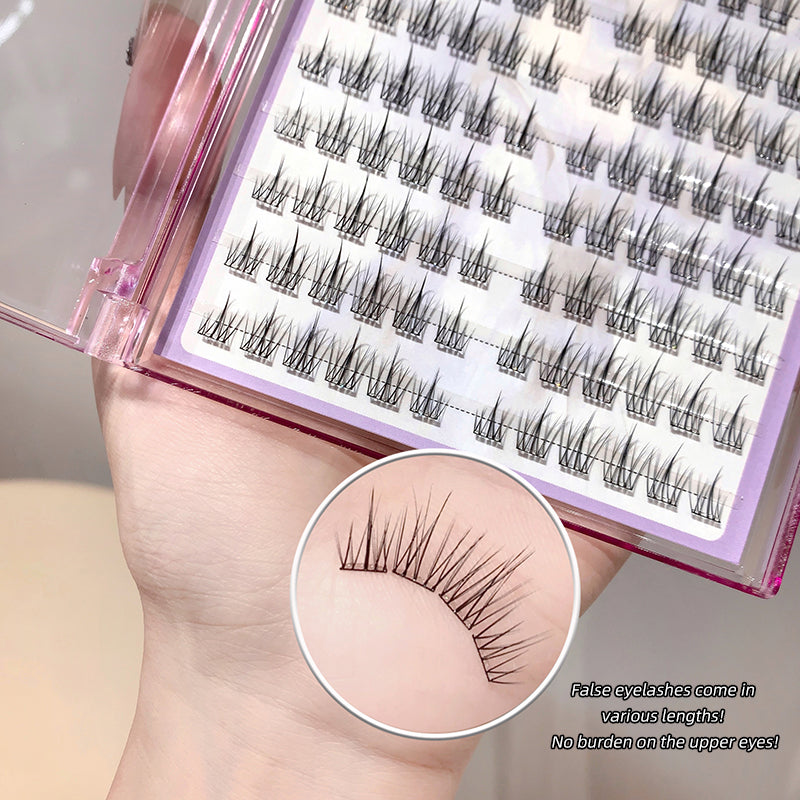 False eyelashes in a packaging case with an inset showing an application on skin.