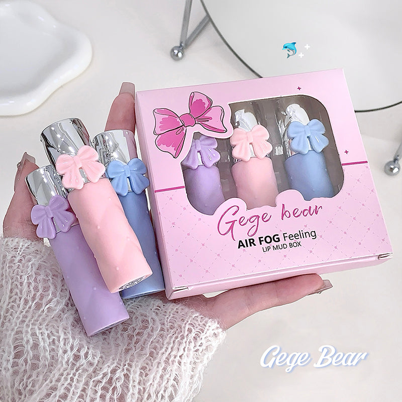 Set of pastel-colored LIPSTICK with a 'Gege Bear' box on a white surface.