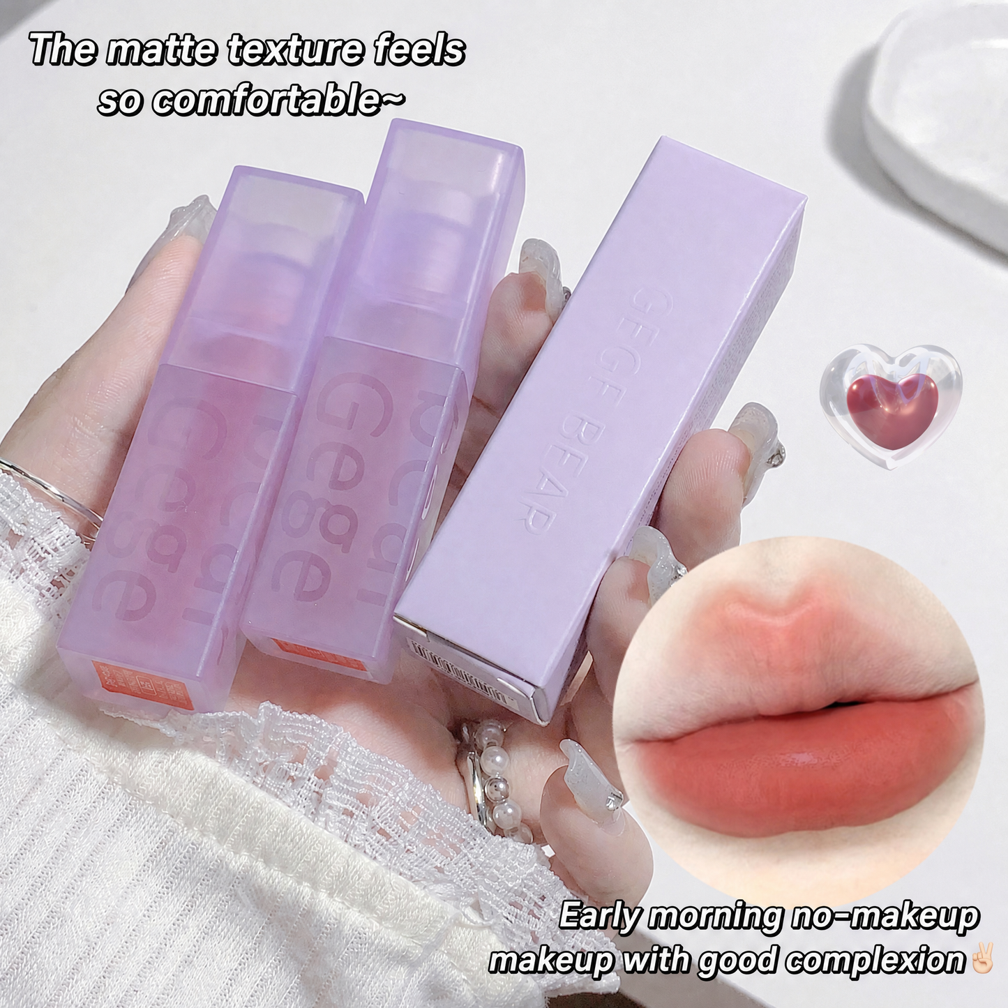 Hand holding two lip products with a close-up of lips and text about matte texture and makeup.