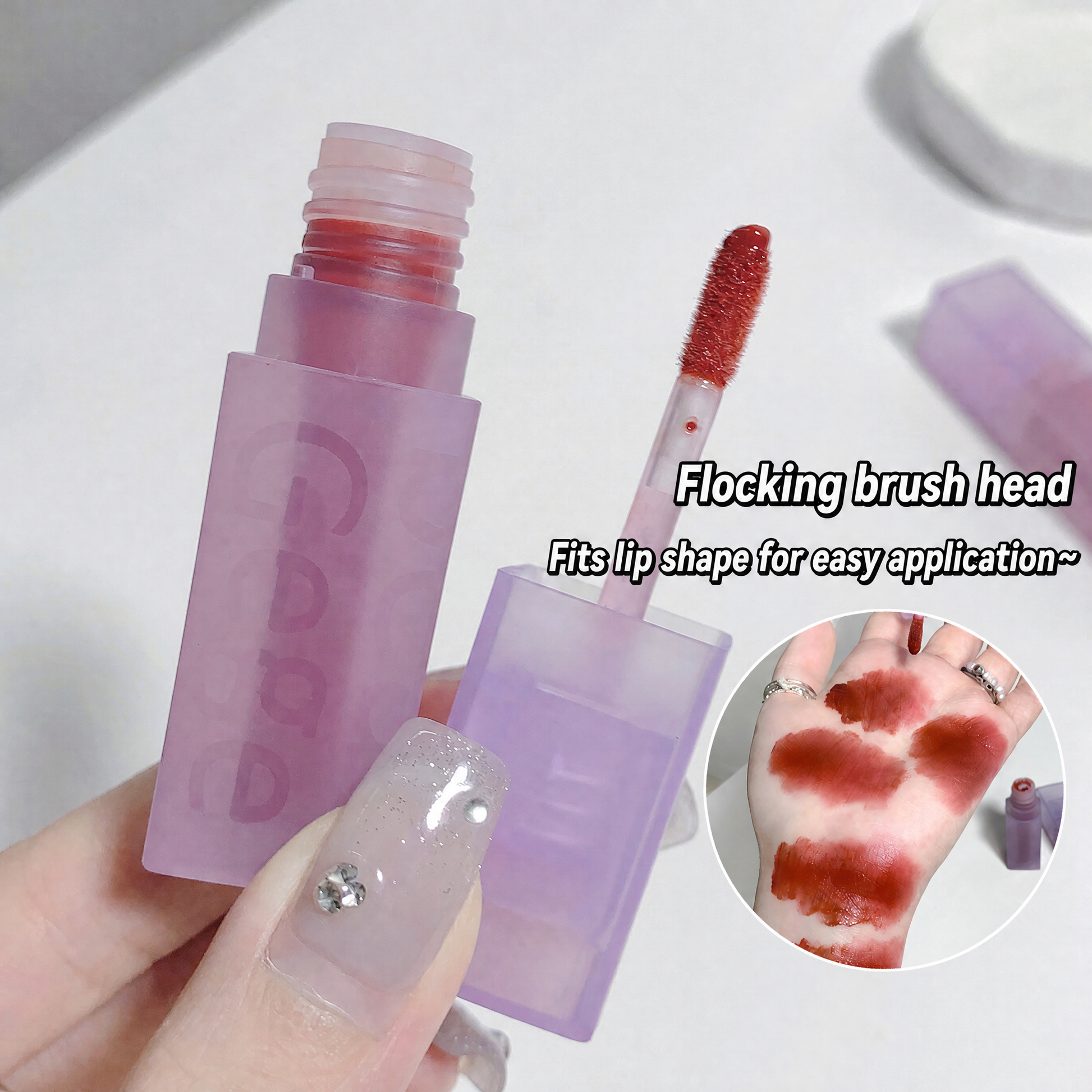 Lip tint with flocking brush head and close-up of application on skin