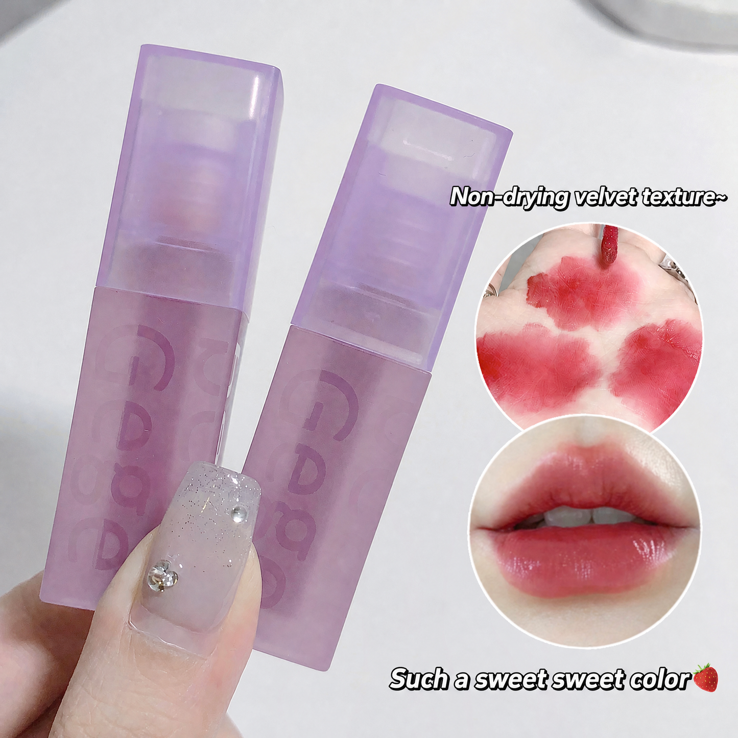 Two purple lip gloss tubes with a close-up of lips wearing the product.