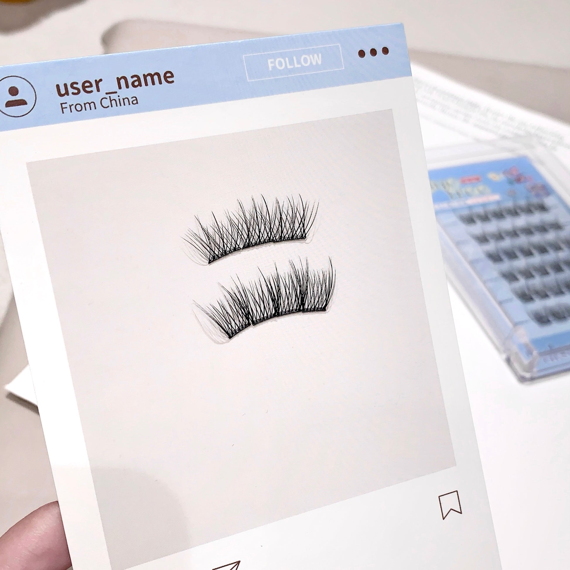 False eyelashes on a card with 'user_name' and 'From China' text, on a light background.