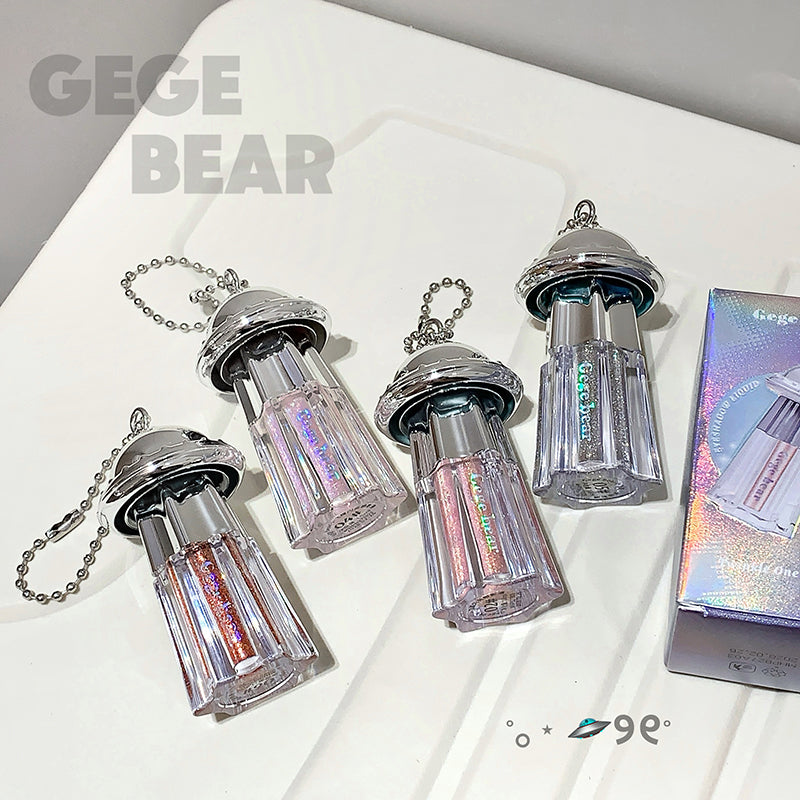 Four transparent containers with colorful contents and silver lids on a white surface, with 'GEGE BEAR' branding.