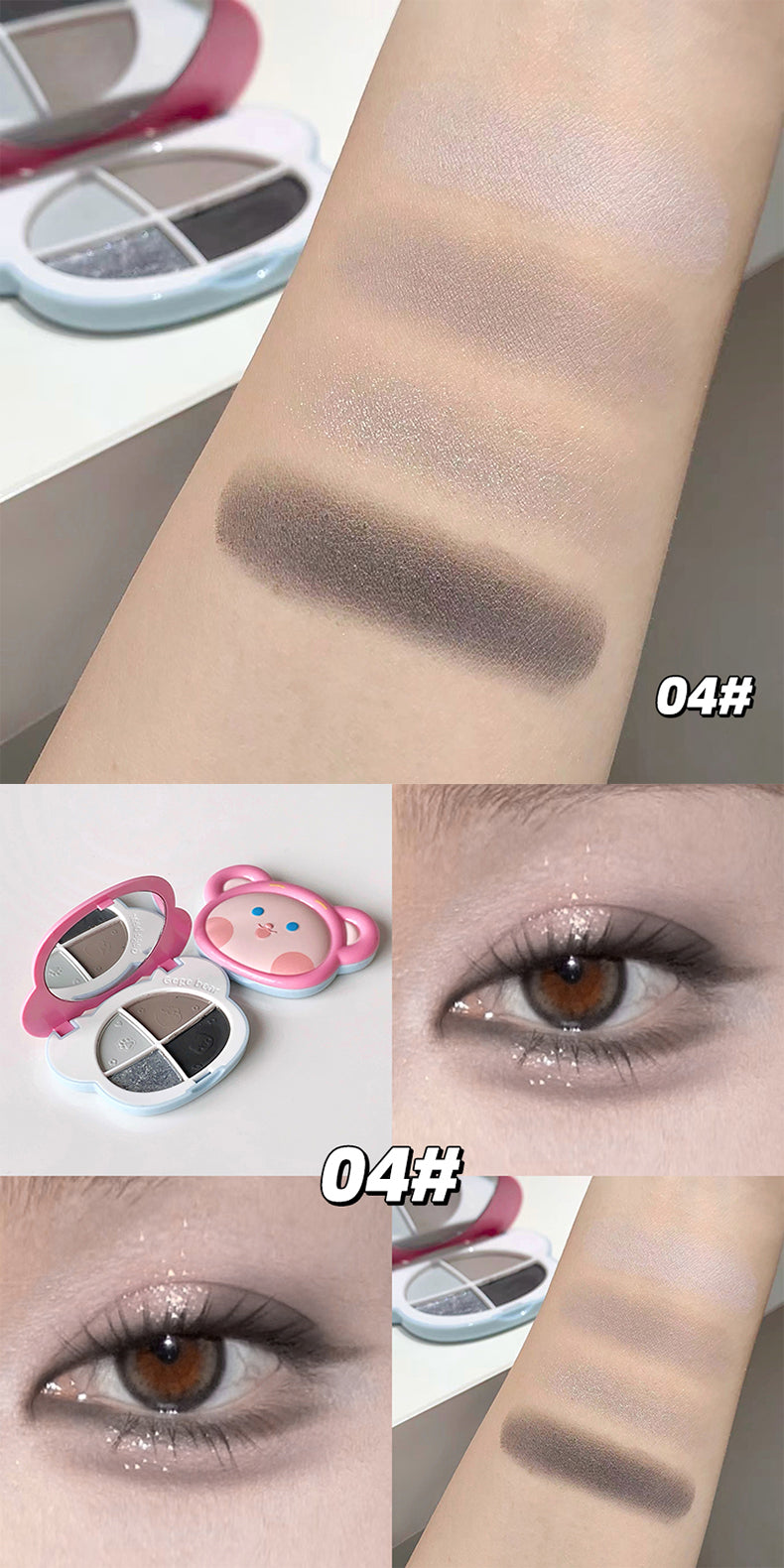Makeup swatches and eye makeup application with a compact mirror on a neutral background.